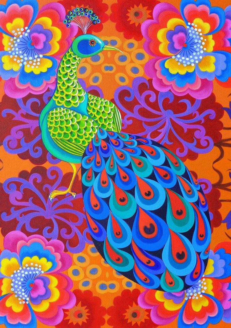 'Peacock with flowers' card